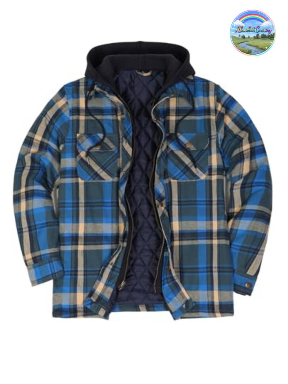 Men's Quilted Lined Hooded Plaid Flannel Jacket, Cotton Blend, Zipper & Snap